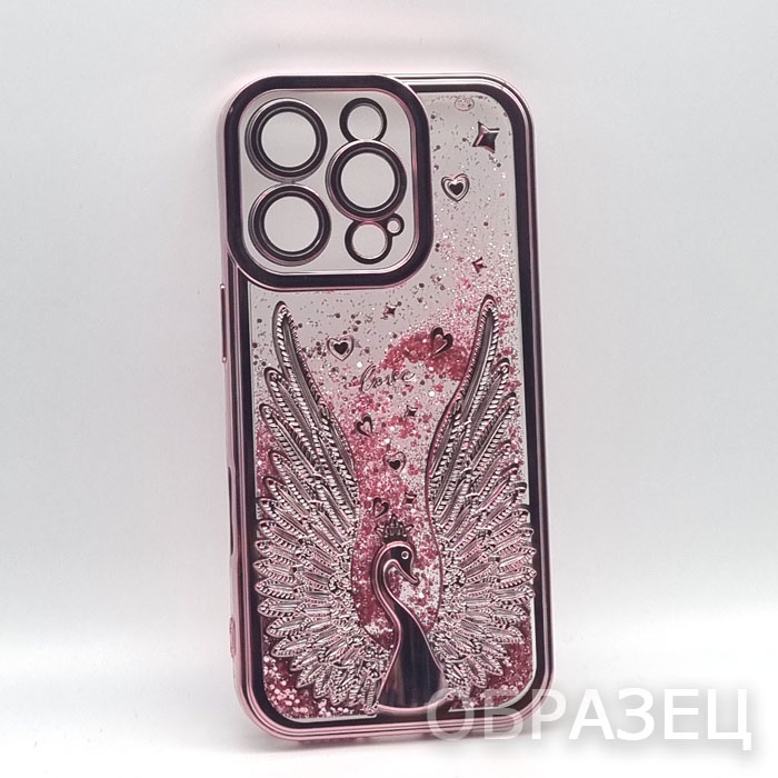 iPhone 16 Pro. Накладка, переливающийся, Лебедь, блестки, розовый