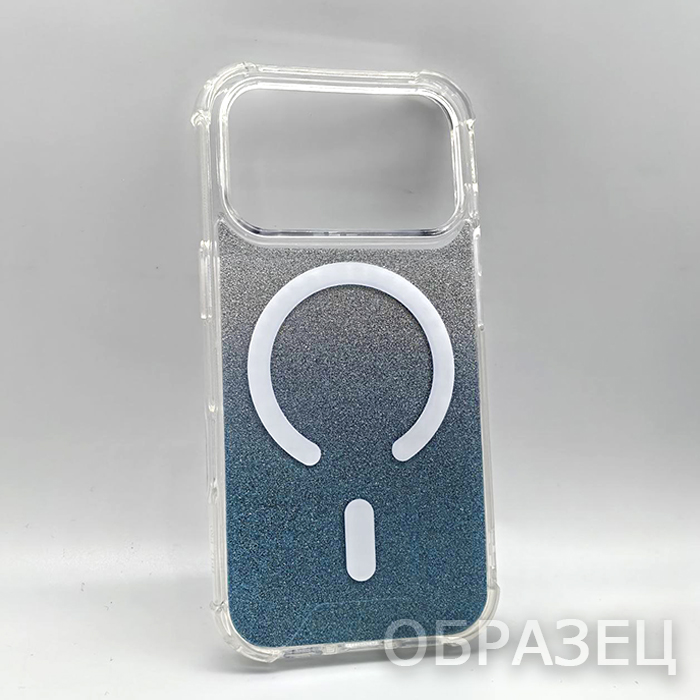 iPhone 16 Pro. Накладка, Clear Armor Mag, блестки, градиент голубой и серебристый