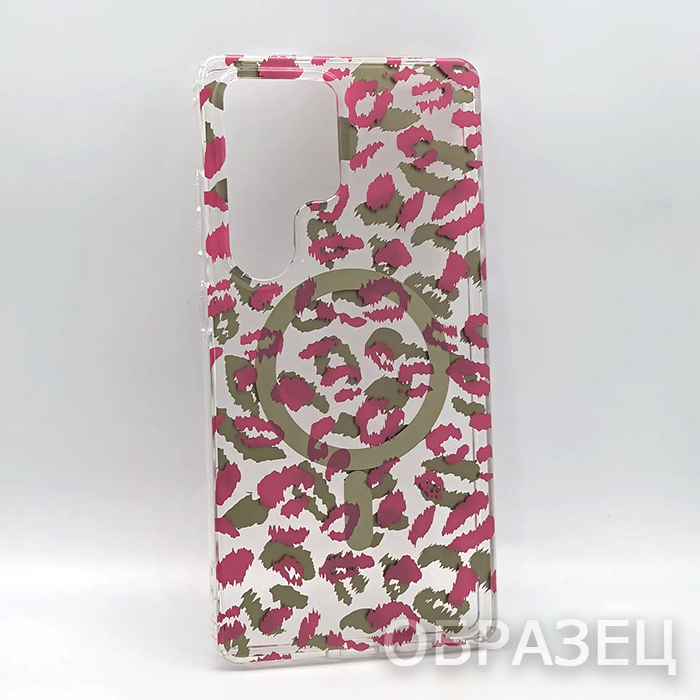 Samsung S25 Ultra. Накладка, BST New IMD Mag, текстура леопард, коричневый и розовый, прозрачный