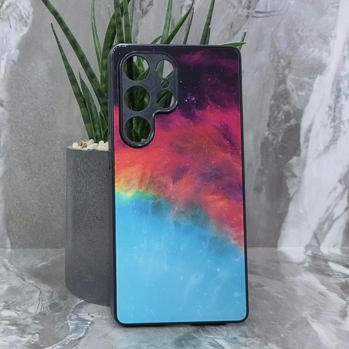 Samsung S25 Ultra. Накладка, силикон + стекло, Космос, черный красный и бирюзовый