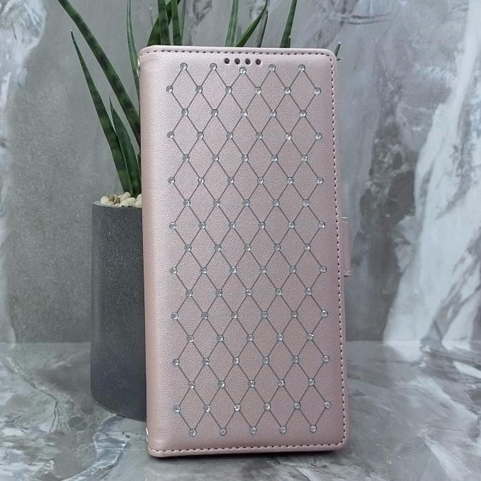 Samsung S25 Ultra. Книжка, Many Diamonds, магнит сбоку, розовое золото