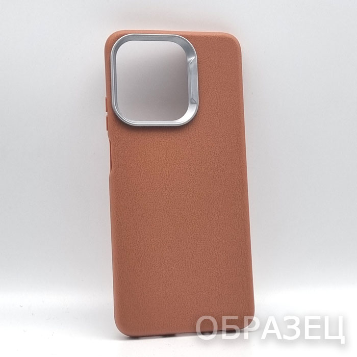 Samsung S25. Накладка, PU Metal Camera Edge, текстура кожи, коричневый