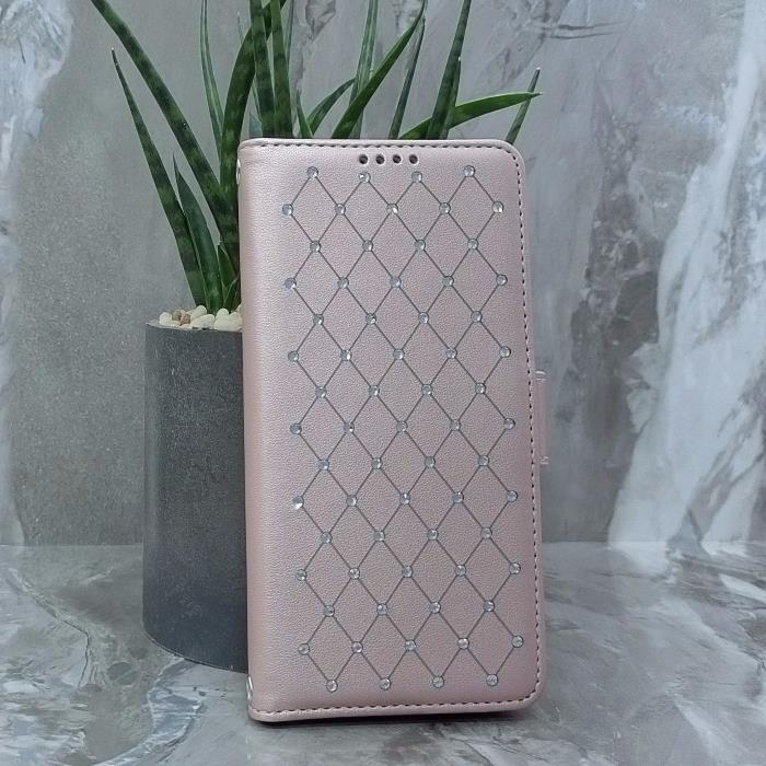 Samsung S25. Книжка, Many Diamonds, магнит сбоку, розовое золото