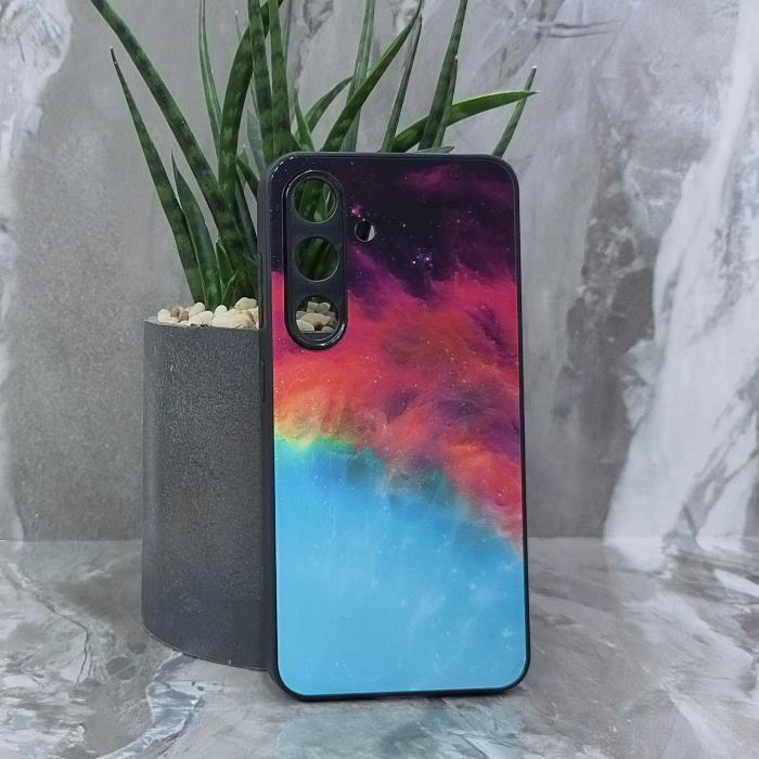 Samsung S25. Накладка, силикон + стекло, Космос, черный красный и бирюзовый