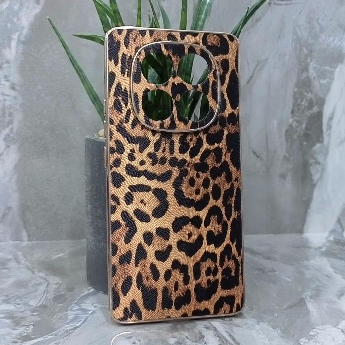 Xiaomi Redmi Note 14 Pro/POCO X7. Накладка, BST Leather Pattern Gold, текстура леопард, золотая окантовка, коричневый