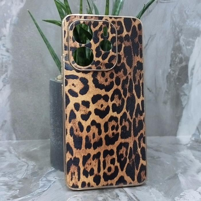 Xiaomi Redmi Note 14 4G. Накладка, BST Leather Pattern Gold, текстура леопард, золотая окантовка, коричневый