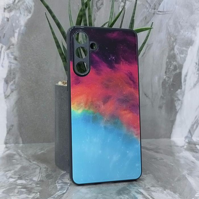 Samsung M55. Накладка, силикон + стекло, Космос, черный красный и бирюзовый