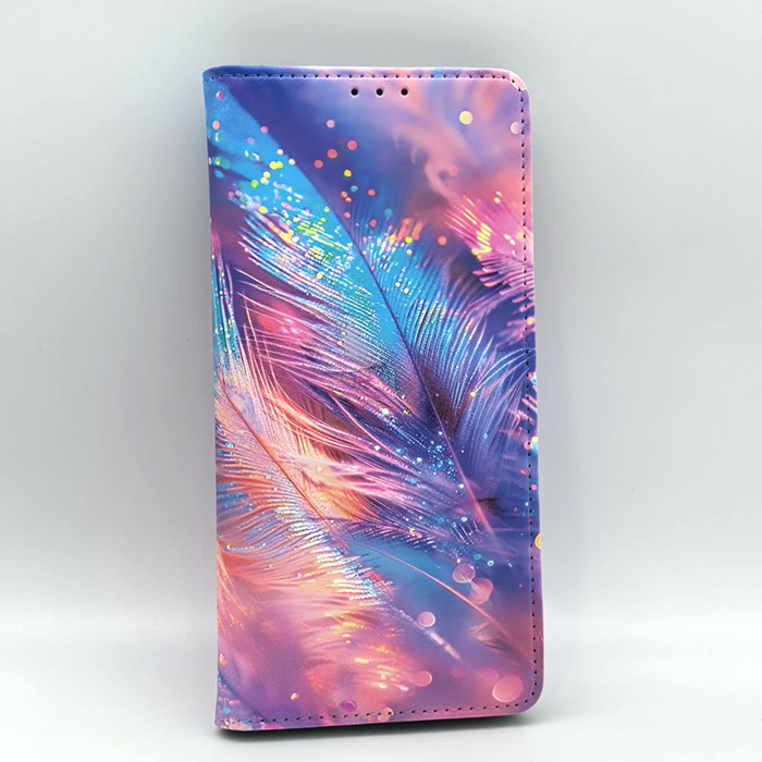 Samsung S25 FE. Книжка, UV Print, Перья разноцветные блестящие