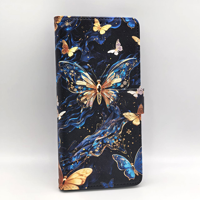 Samsung S25 FE. Книжка, UV Print, Бабочки желтые и синие, темный фон