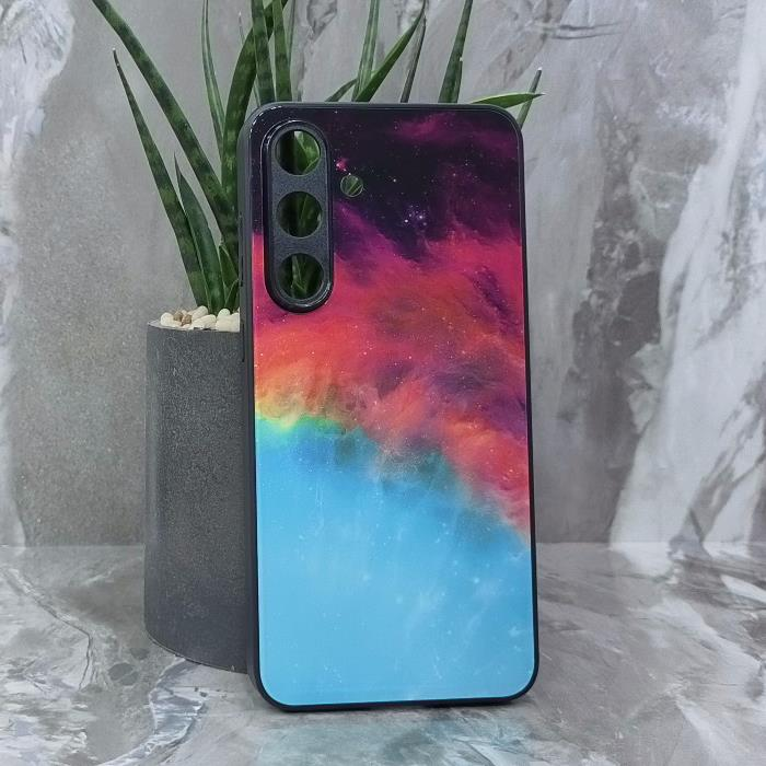 Samsung S25 FE. Накладка, силикон + стекло, Космос, черный красный и бирюзовый
