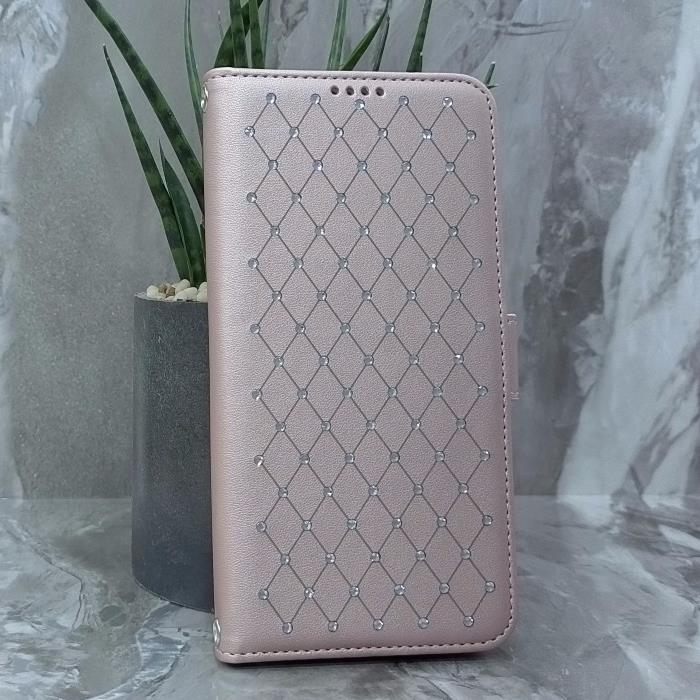 Samsung S25 FE. Книжка, Many Diamonds, магнит сбоку, розовое золото