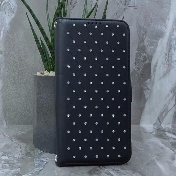 Samsung S25 FE. Книжка, Many Diamonds, магнит сбоку, черный
