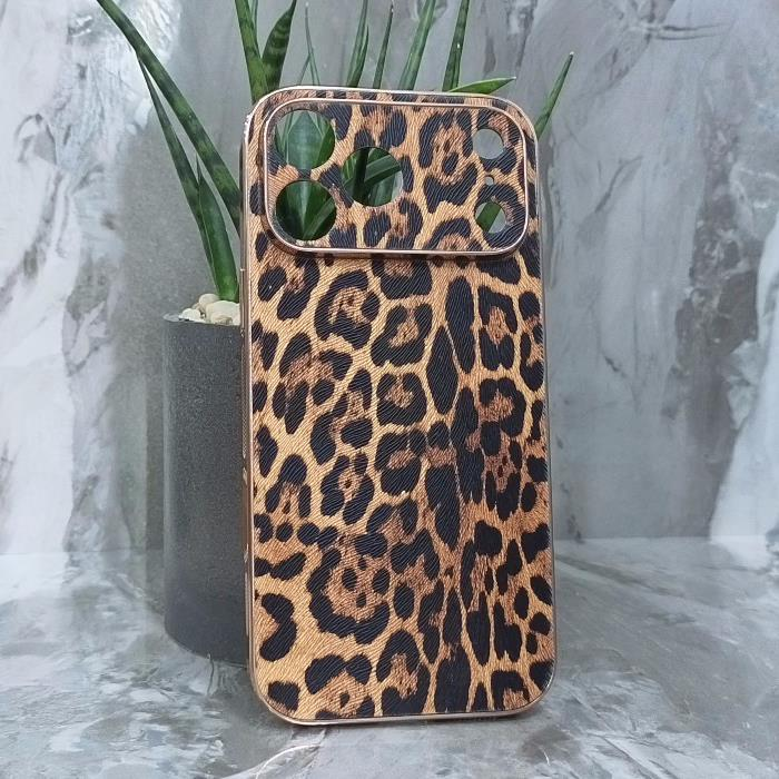 iPhone 17 Pro Max. Накладка, BST Leather Pattern Gold, текстура леопард, золотая окантовка, коричневый