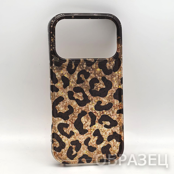 iPhone 17 Pro. Накладка, New IMD, Текстура леопард, блестки, черно-коричневый