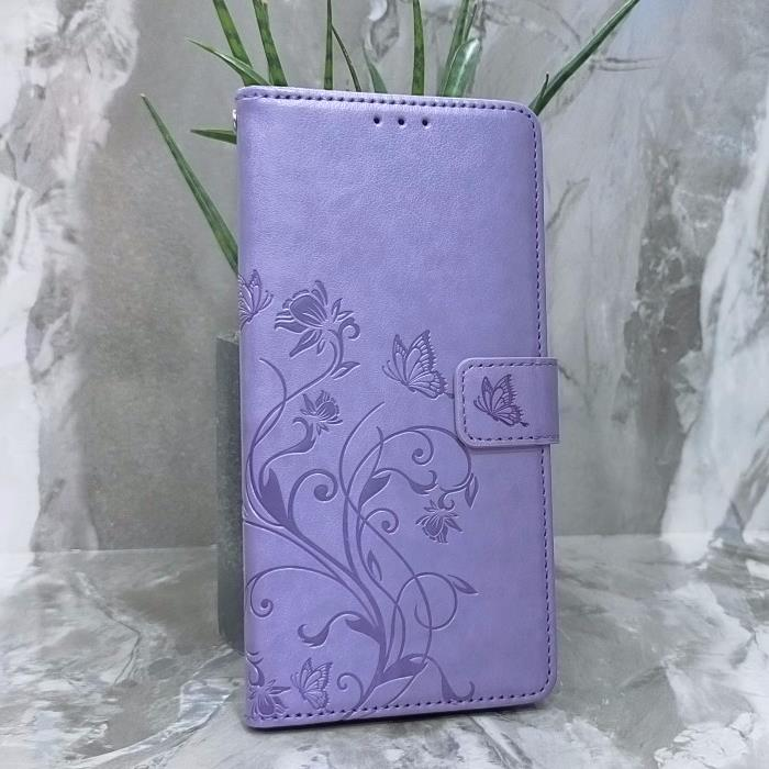 Samsung A17. Книжка, бабочка и цветы, фиолетовый