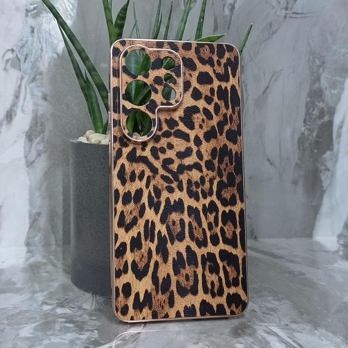 Samsung S26 Ultra. Накладка, BST Leather Pattern Gold, текстура леопард, золотая окантовка, коричневый