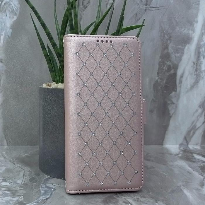 Samsung S26. Книжка, Many Diamonds, магнит сбоку, розовое золото
