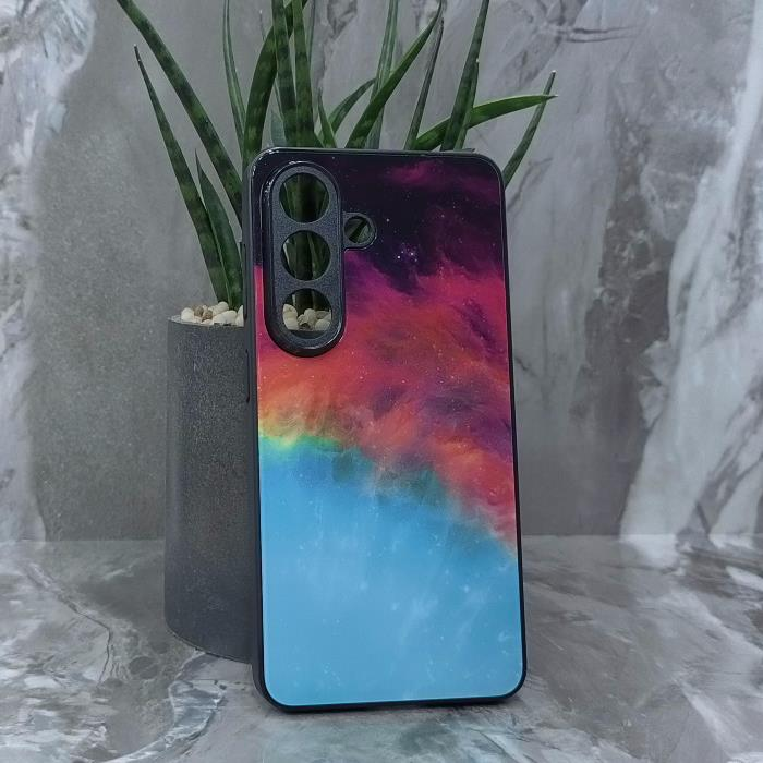 Samsung S26. Накладка, силикон + стекло, Космос, черный красный и бирюзовый